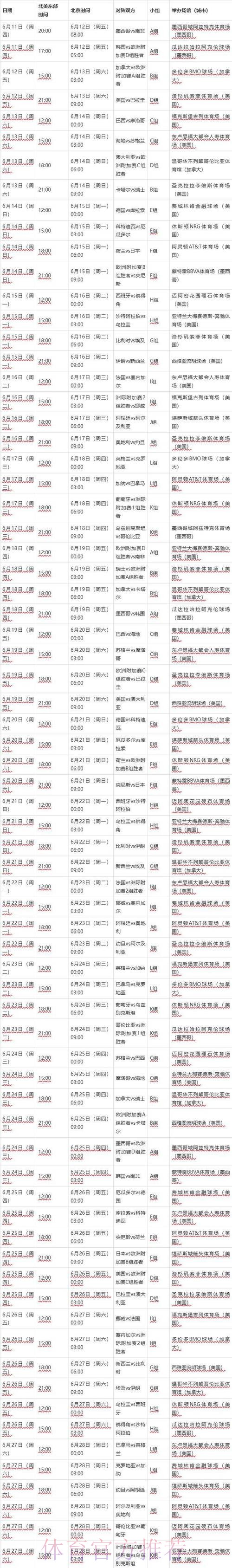 2026世界杯赛事时间安排表 2026世界杯赛事时间安排表