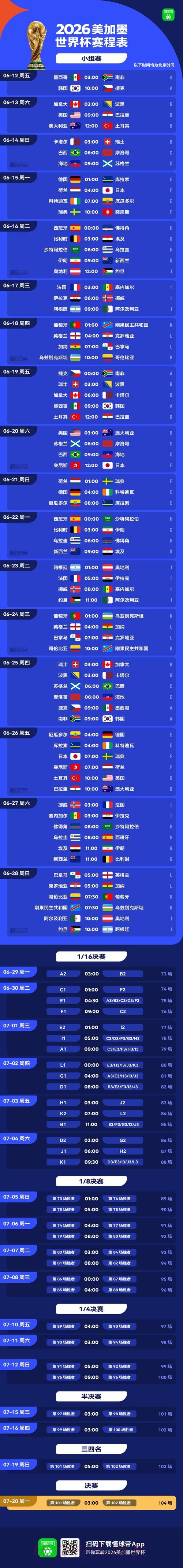 2026年美加墨世界杯时间安排 2026年美加墨世界杯时间安排
